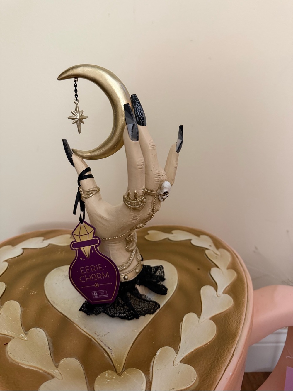Eerie Charm Resin Halloween Gypsy Witch Hand with Gold Moon & Spider Nails